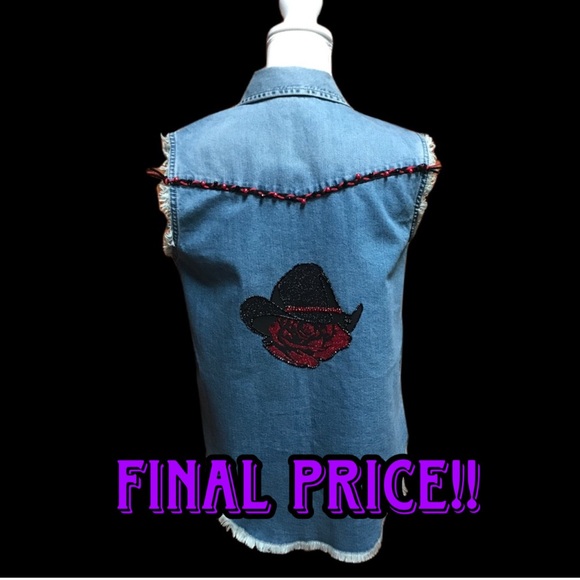 One of a Kind Cowgirl Hat on a Red Rose Sleeveless Denim Shirt Shirt - Picture 1 of 7